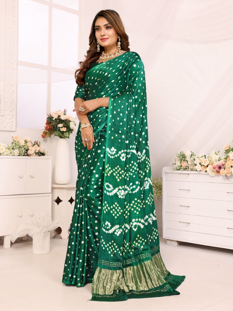 Elegant Green Jacquard Zari Bandhani Saree with Lagdi Patta Border - CLOHI