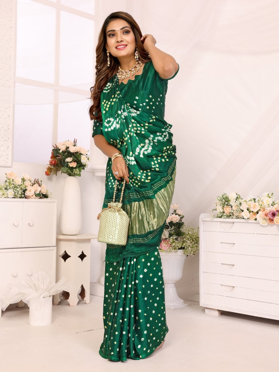 Elegant Green Jacquard Zari Bandhani Saree with Lagdi Patta Border - CLOHI