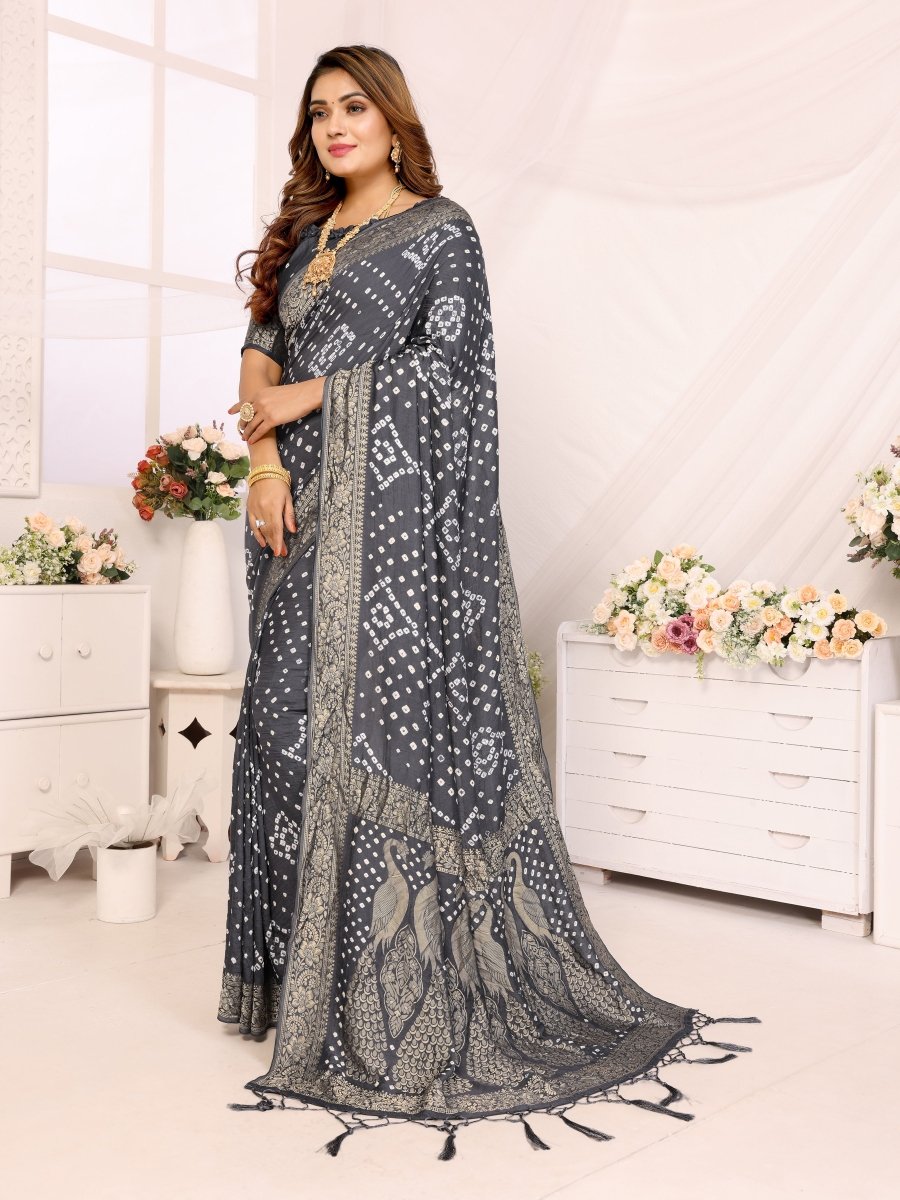Elegant Grey Bandhani Saree with Zari Peacock Motifs & Unstitched Blouse - CLOHI