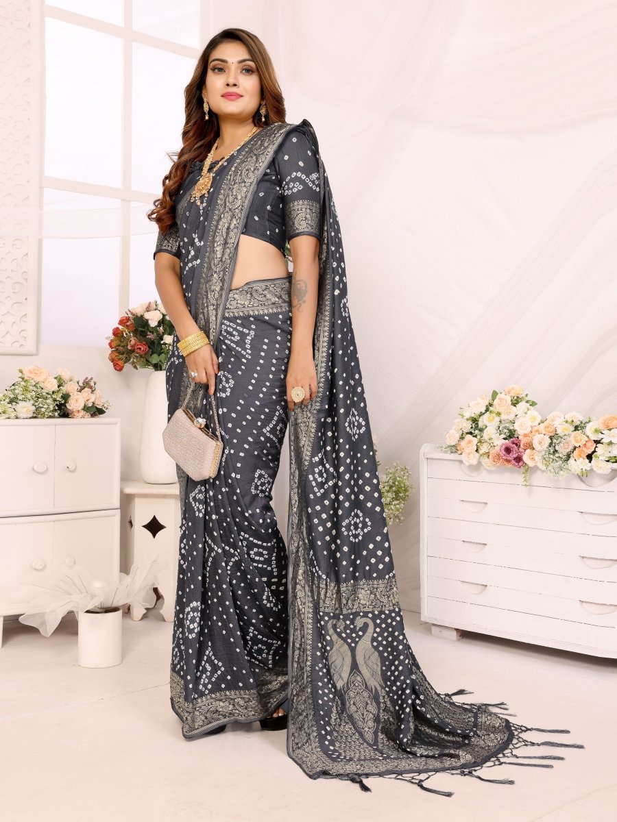 Elegant Grey Bandhani Saree with Zari Peacock Motifs & Unstitched Blouse - CLOHI