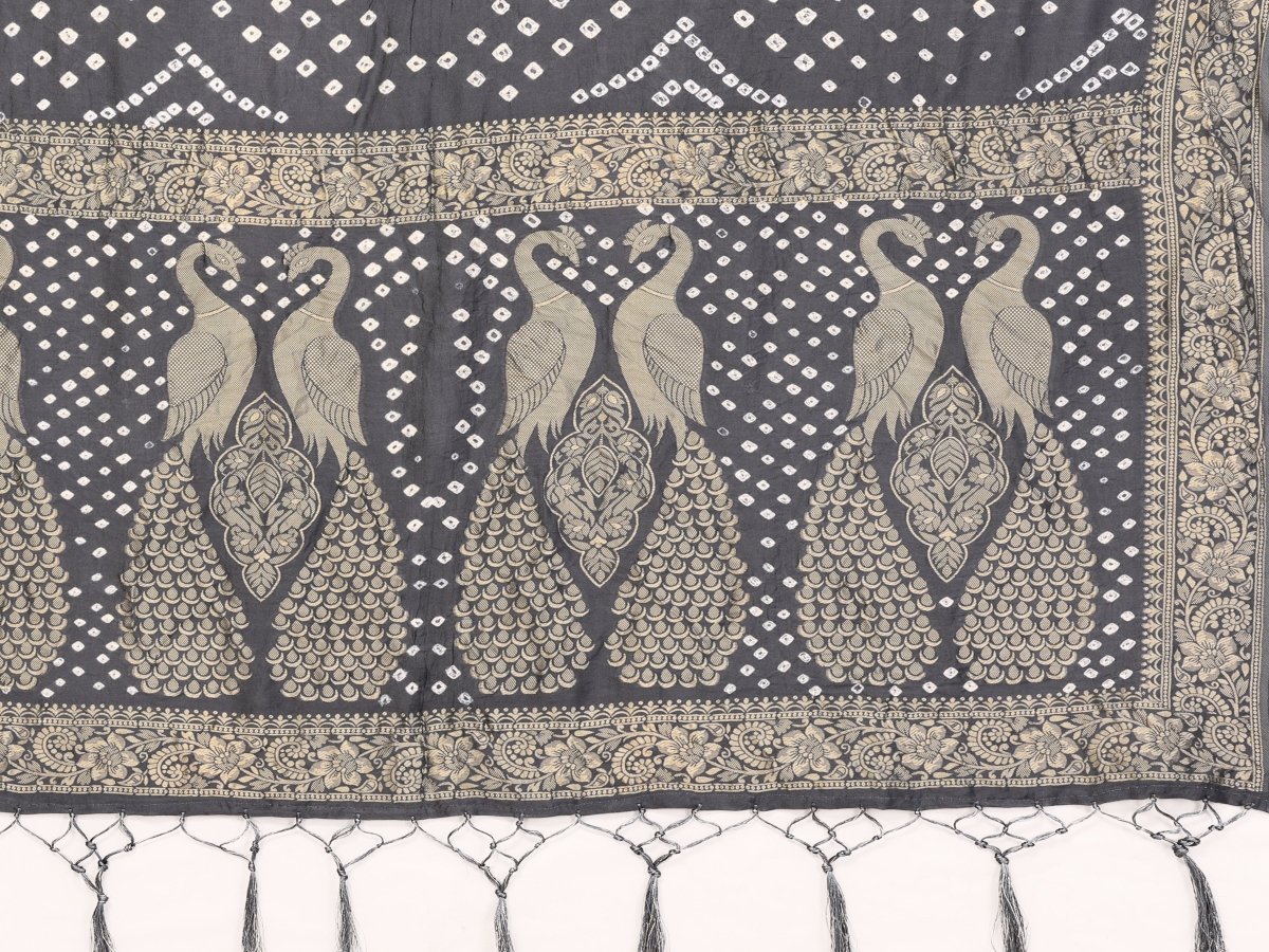 Elegant Grey Bandhani Saree with Zari Peacock Motifs & Unstitched Blouse - CLOHI