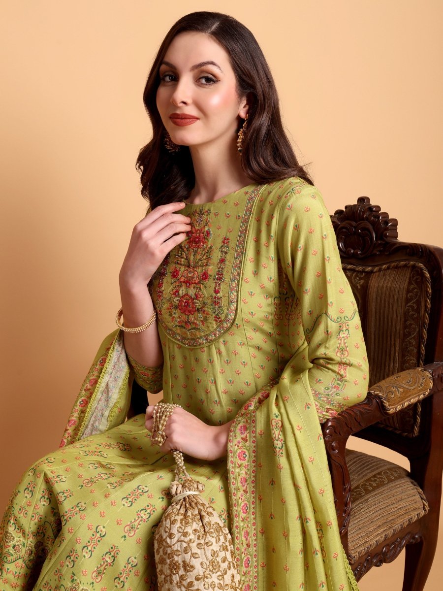 Elegant Lemon Yellow Floral Anarkali Kurta Set with Embroidered Yoke & Dupatta - CLOHI