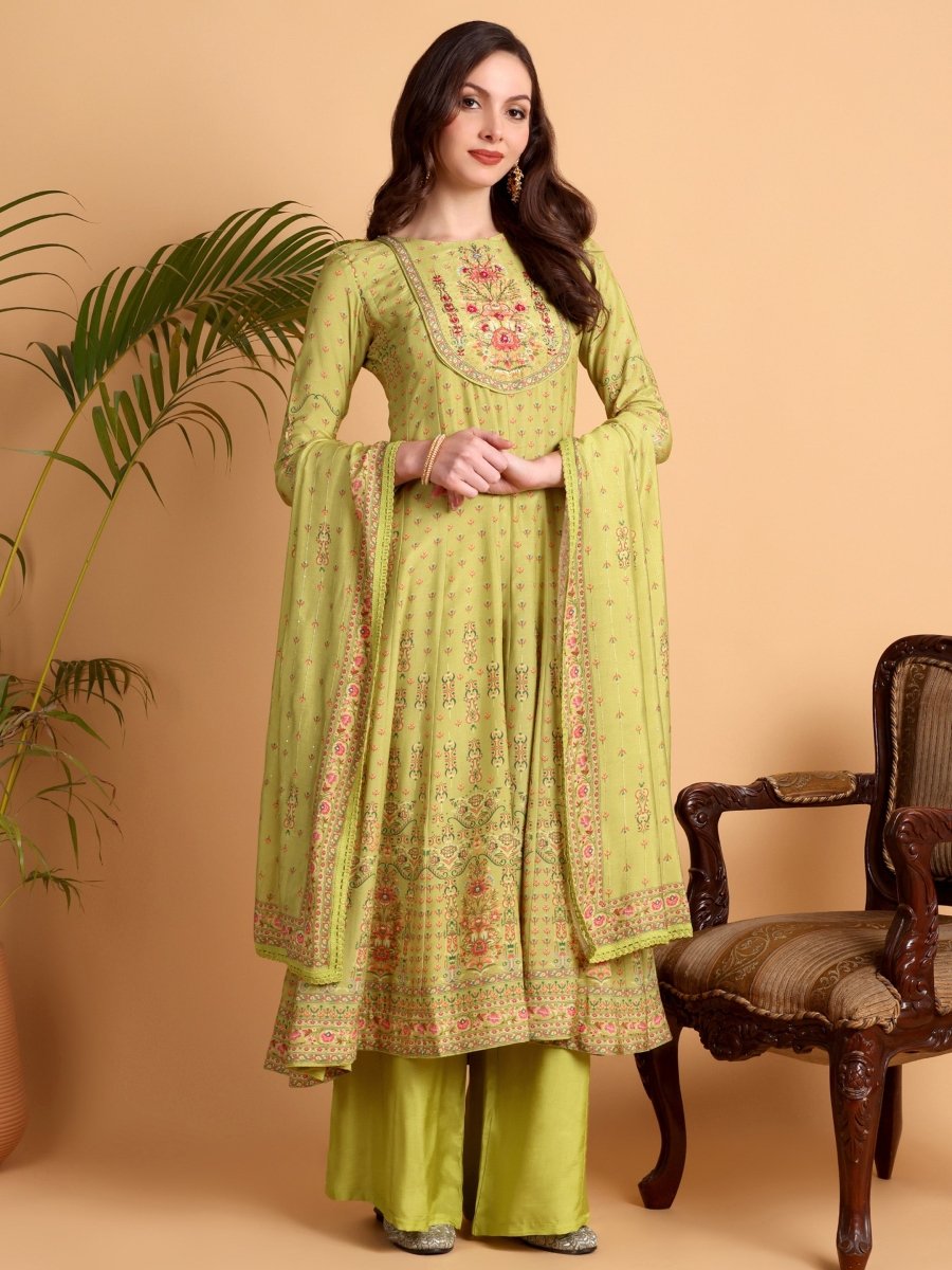 Elegant Lemon Yellow Floral Anarkali Kurta Set with Embroidered Yoke & Dupatta - CLOHI