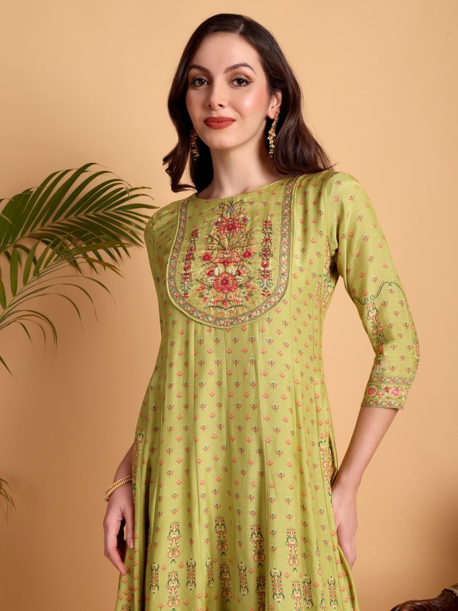 Elegant Lemon Yellow Floral Anarkali Kurta Set with Embroidered Yoke & Dupatta - CLOHI