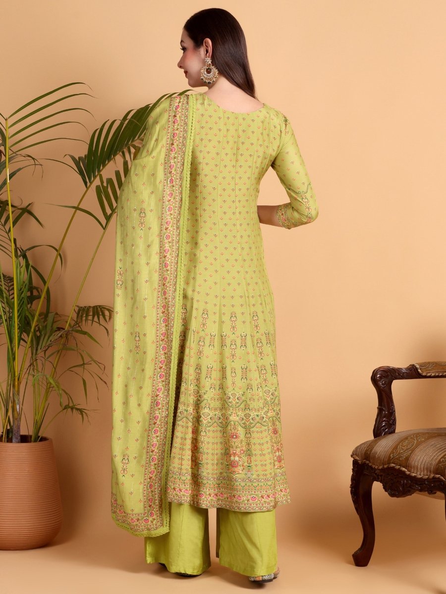 Elegant Lemon Yellow Floral Anarkali Kurta Set with Embroidered Yoke & Dupatta - CLOHI