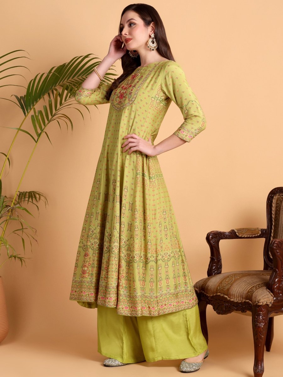 Elegant Lemon Yellow Floral Anarkali Kurta Set with Embroidered Yoke & Dupatta - CLOHI