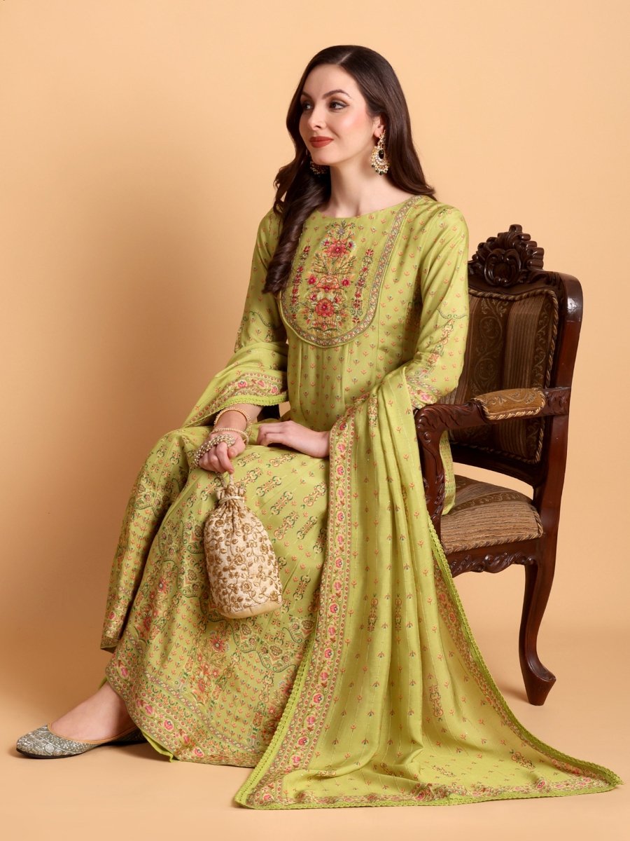 Elegant Lemon Yellow Floral Anarkali Kurta Set with Embroidered Yoke & Dupatta - CLOHI