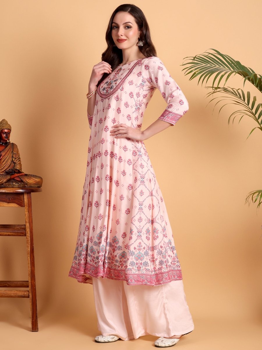 Elegant Light Pink Anarkali Set with Embroidered Yoke & Printed Dupatta - CLOHI