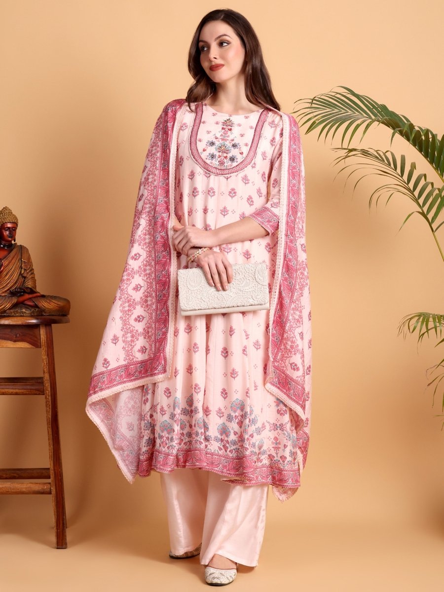 Elegant Light Pink Anarkali Set with Embroidered Yoke & Printed Dupatta - CLOHI