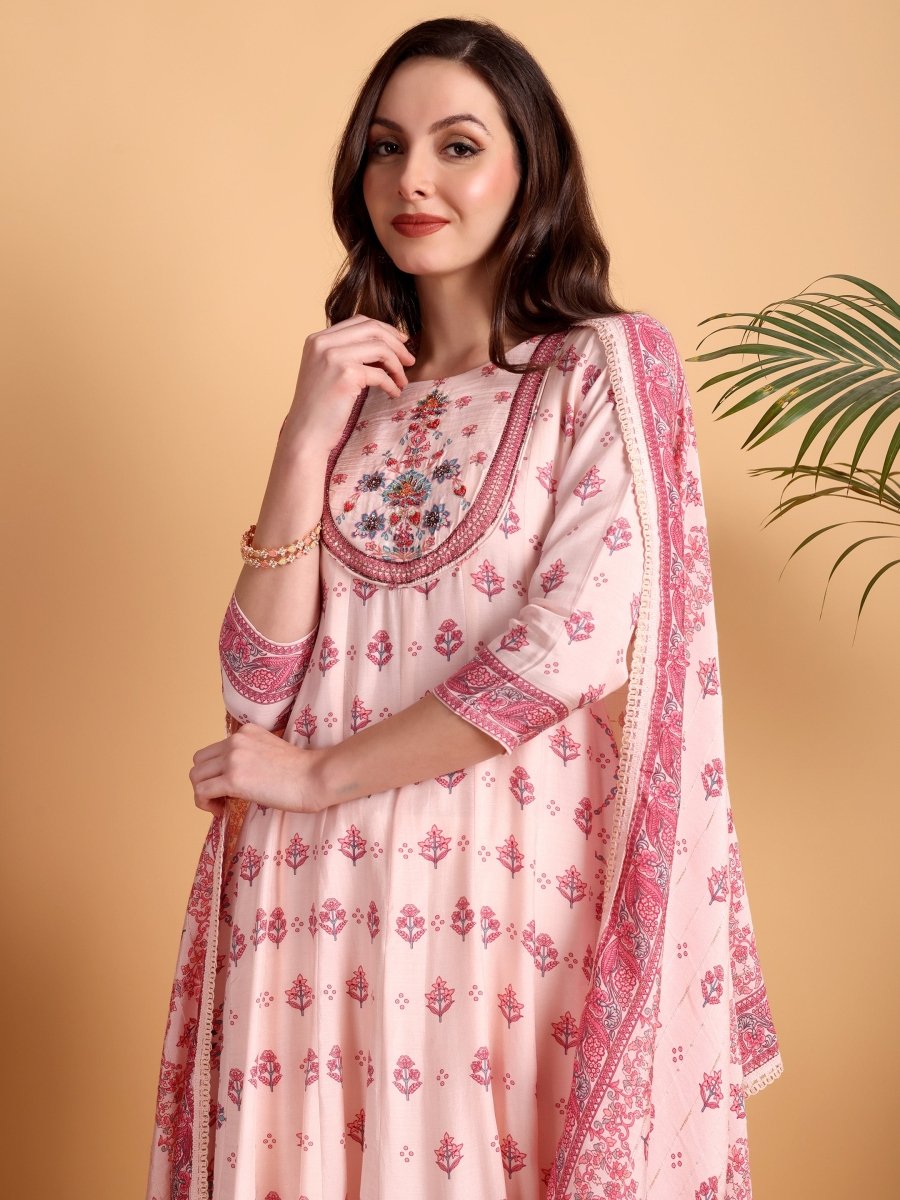 Elegant Light Pink Anarkali Set with Embroidered Yoke & Printed Dupatta - CLOHI