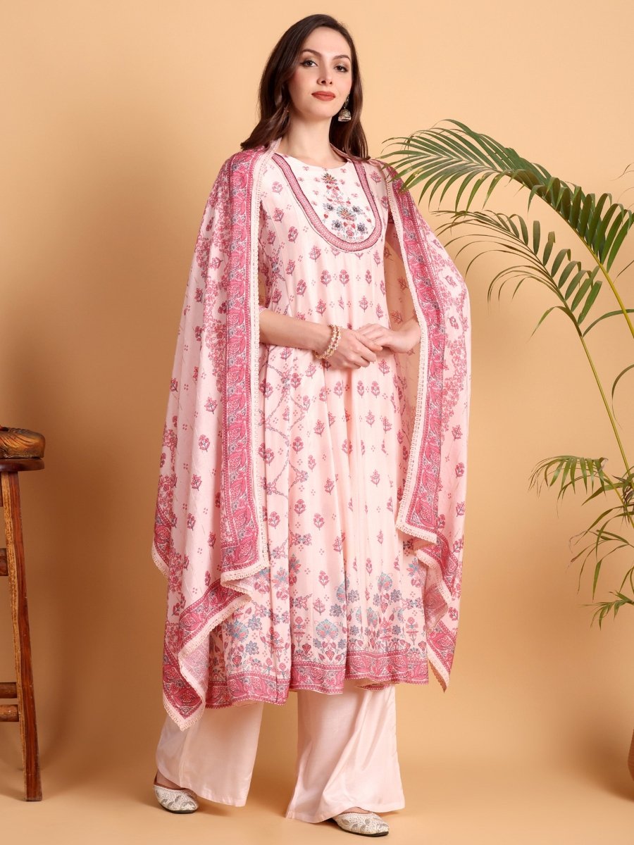 Elegant Light Pink Anarkali Set with Embroidered Yoke & Printed Dupatta - CLOHI