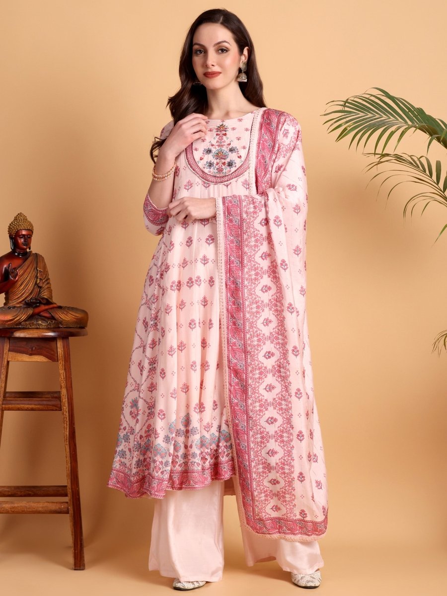 Elegant Light Pink Anarkali Set with Embroidered Yoke & Printed Dupatta - CLOHI