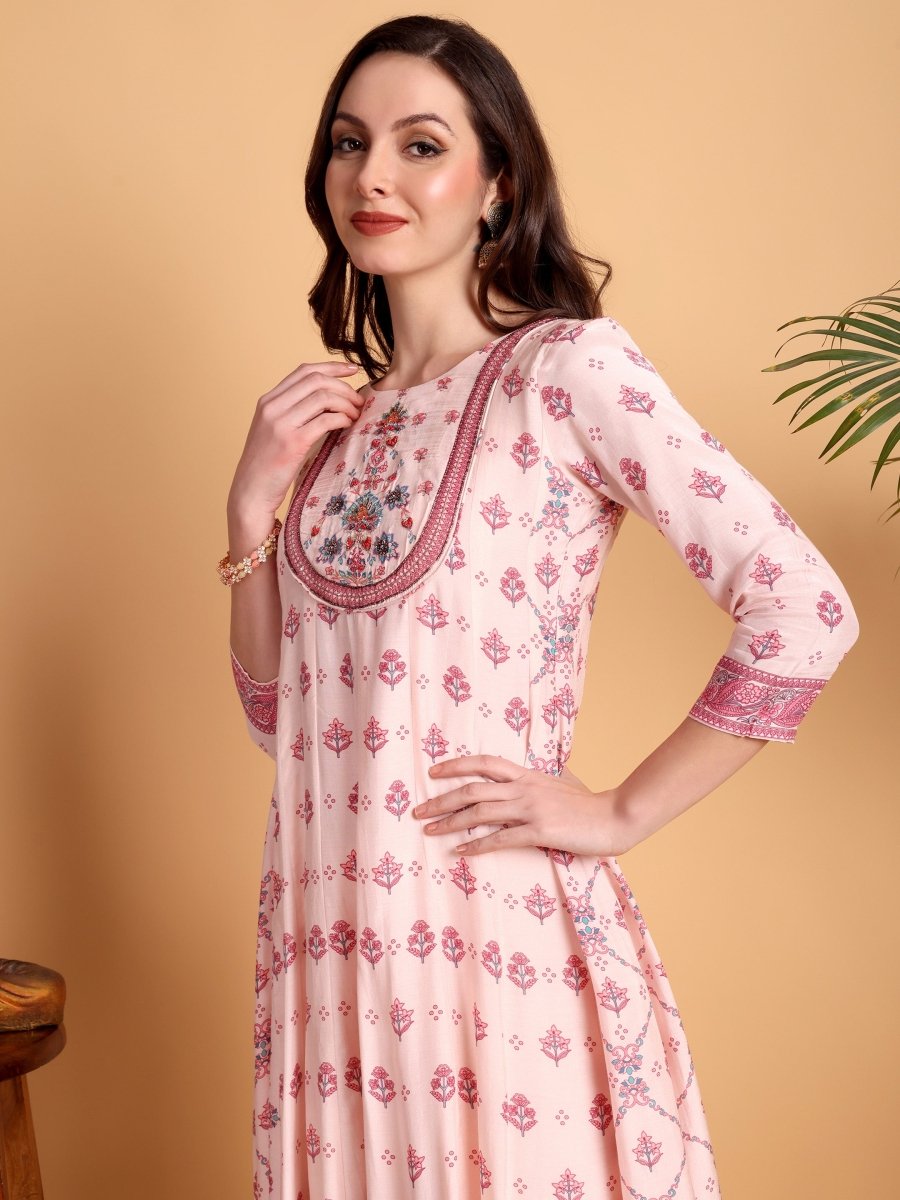 Elegant Light Pink Anarkali Set with Embroidered Yoke & Printed Dupatta - CLOHI