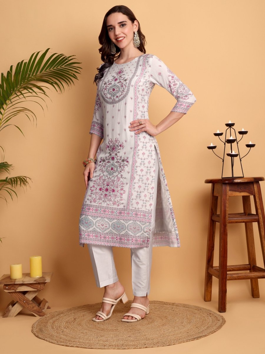 Elegant Mughal - Inspired Silver Grey Kurta Set with Dupatta for Women - CLOHI