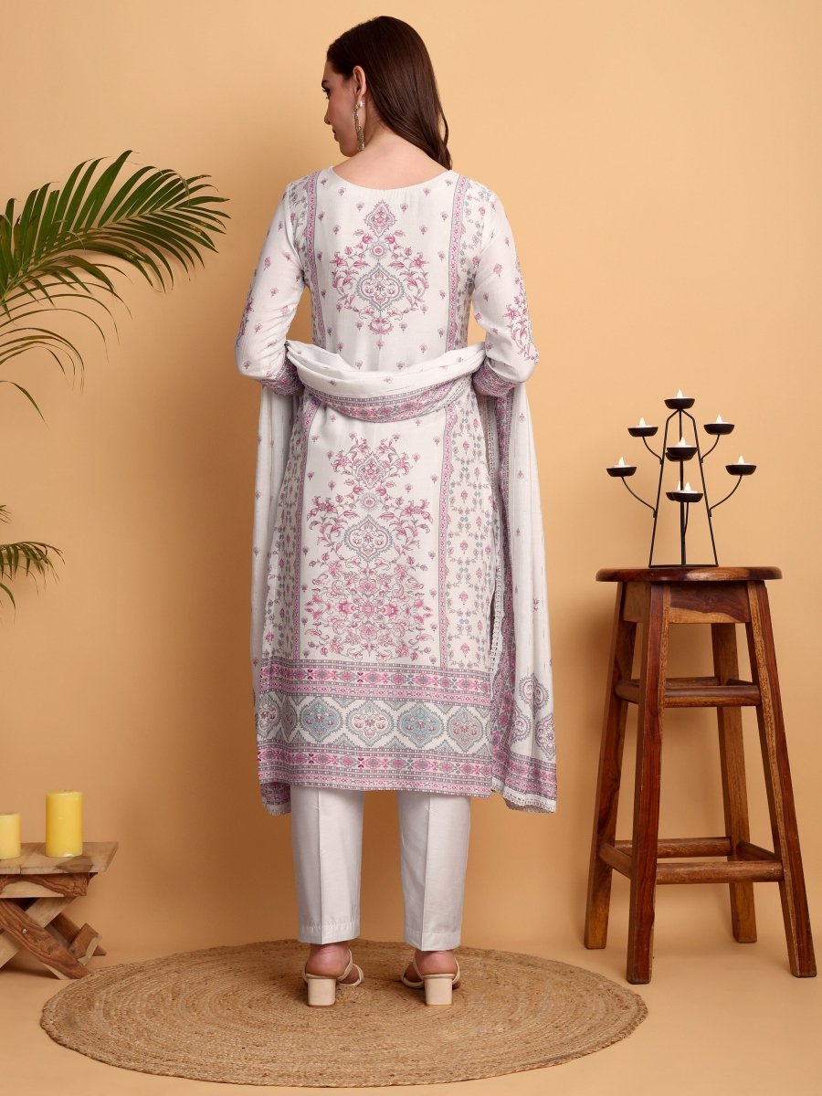 Elegant Mughal - Inspired Silver Grey Kurta Set with Dupatta for Women - CLOHI