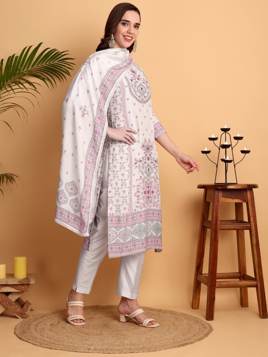 Elegant Mughal - Inspired Silver Grey Kurta Set with Dupatta for Women - CLOHI