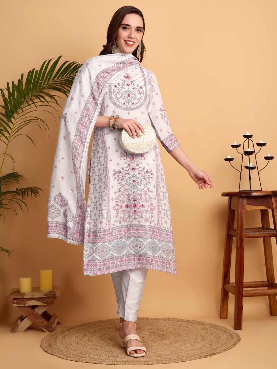 Elegant Mughal - Inspired Silver Grey Kurta Set with Dupatta for Women - CLOHI