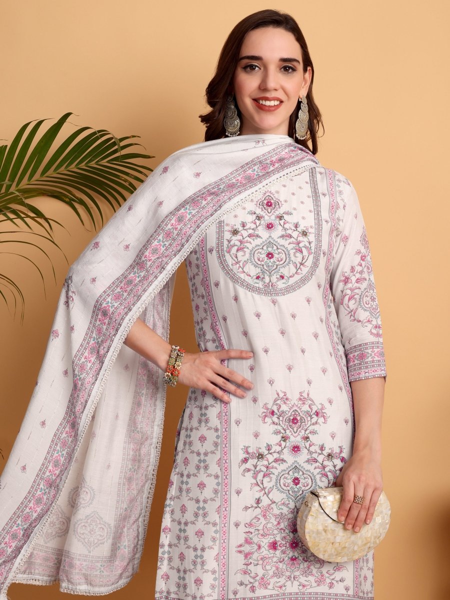 Elegant Mughal - Inspired Silver Grey Kurta Set with Dupatta for Women - CLOHI