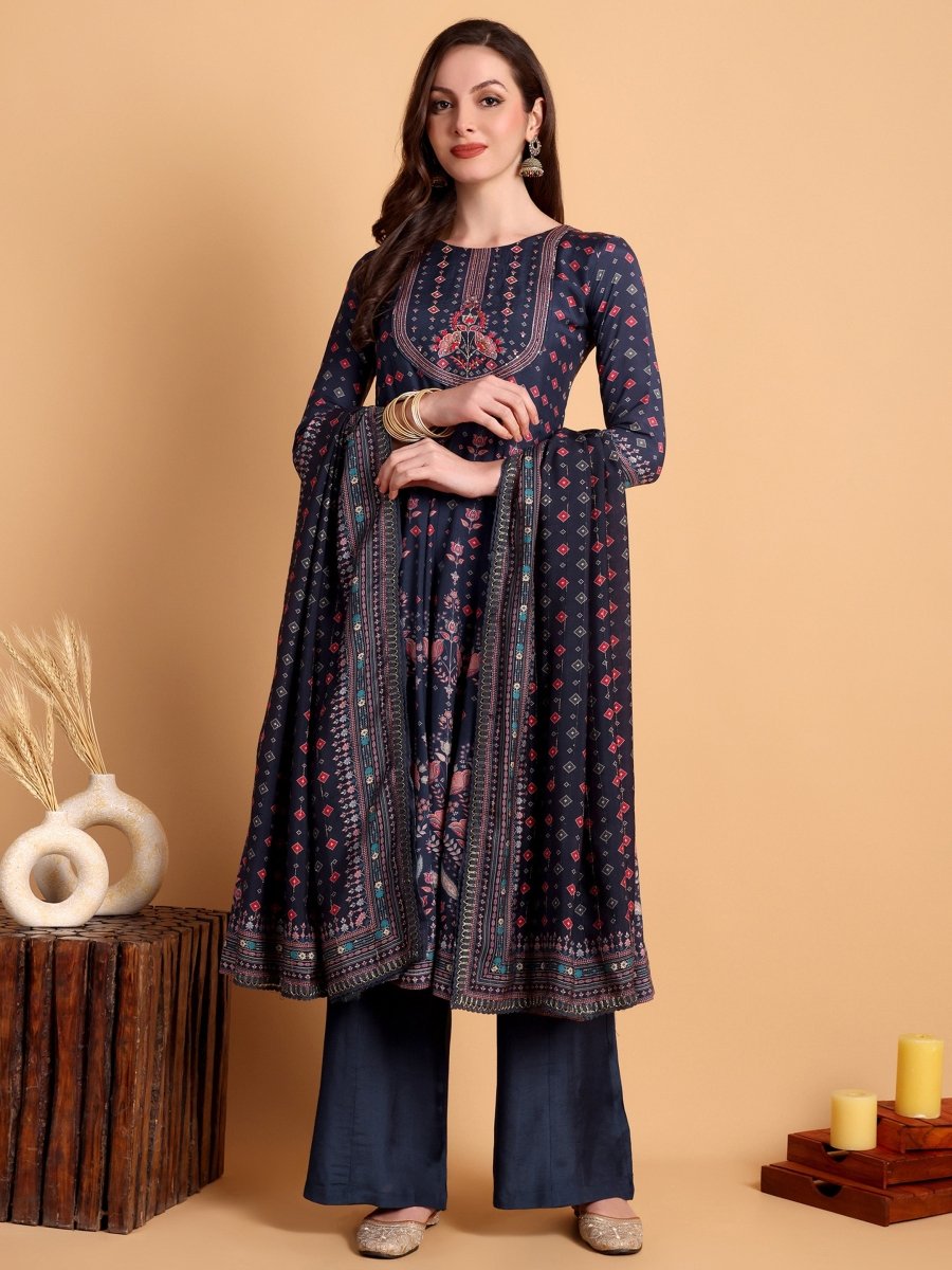 Elegant Navy Blue Anarkali Set with Floral Print & Embroidered Yoke - CLOHI