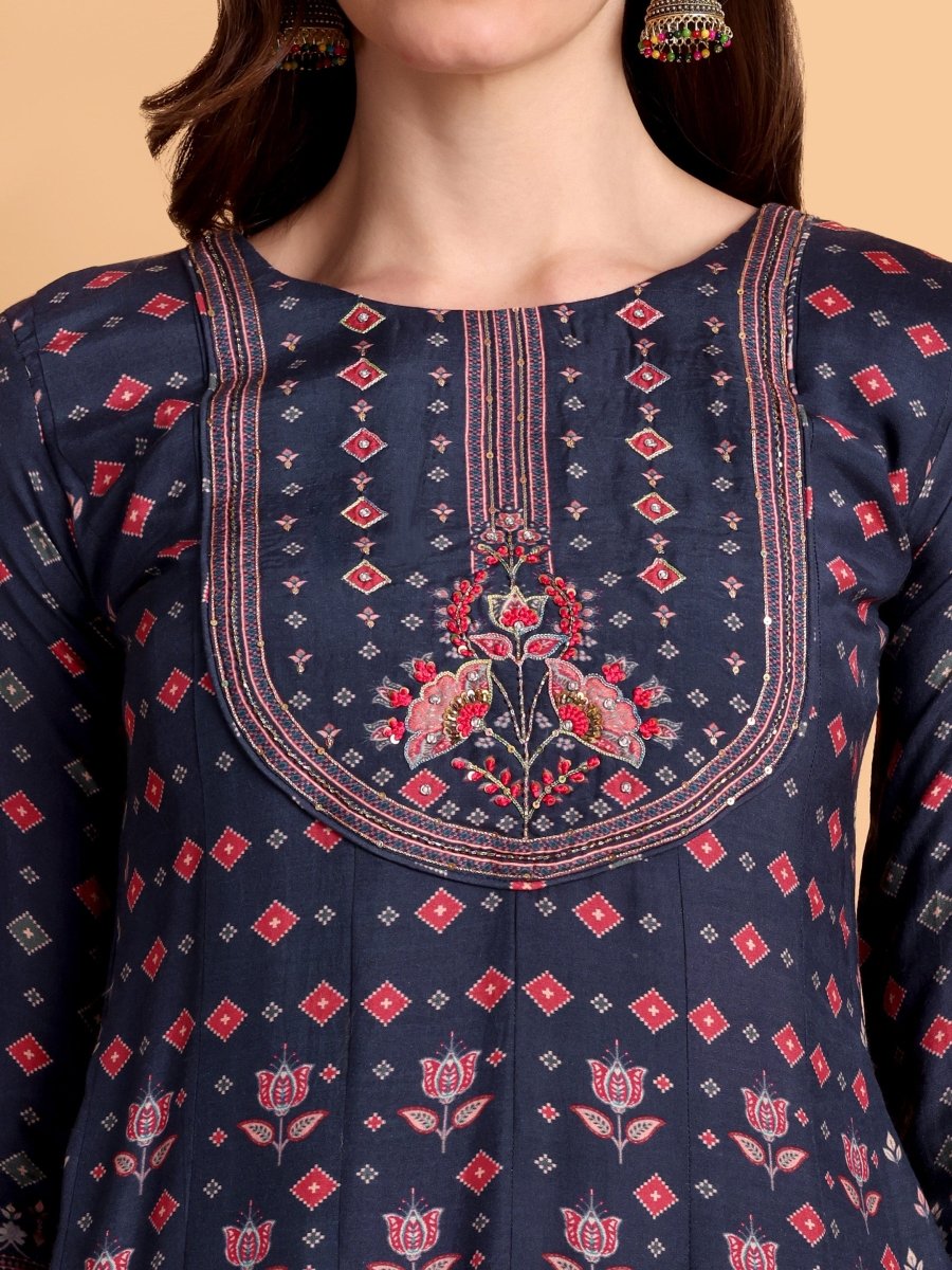 Elegant Navy Blue Anarkali Set with Floral Print & Embroidered Yoke - CLOHI