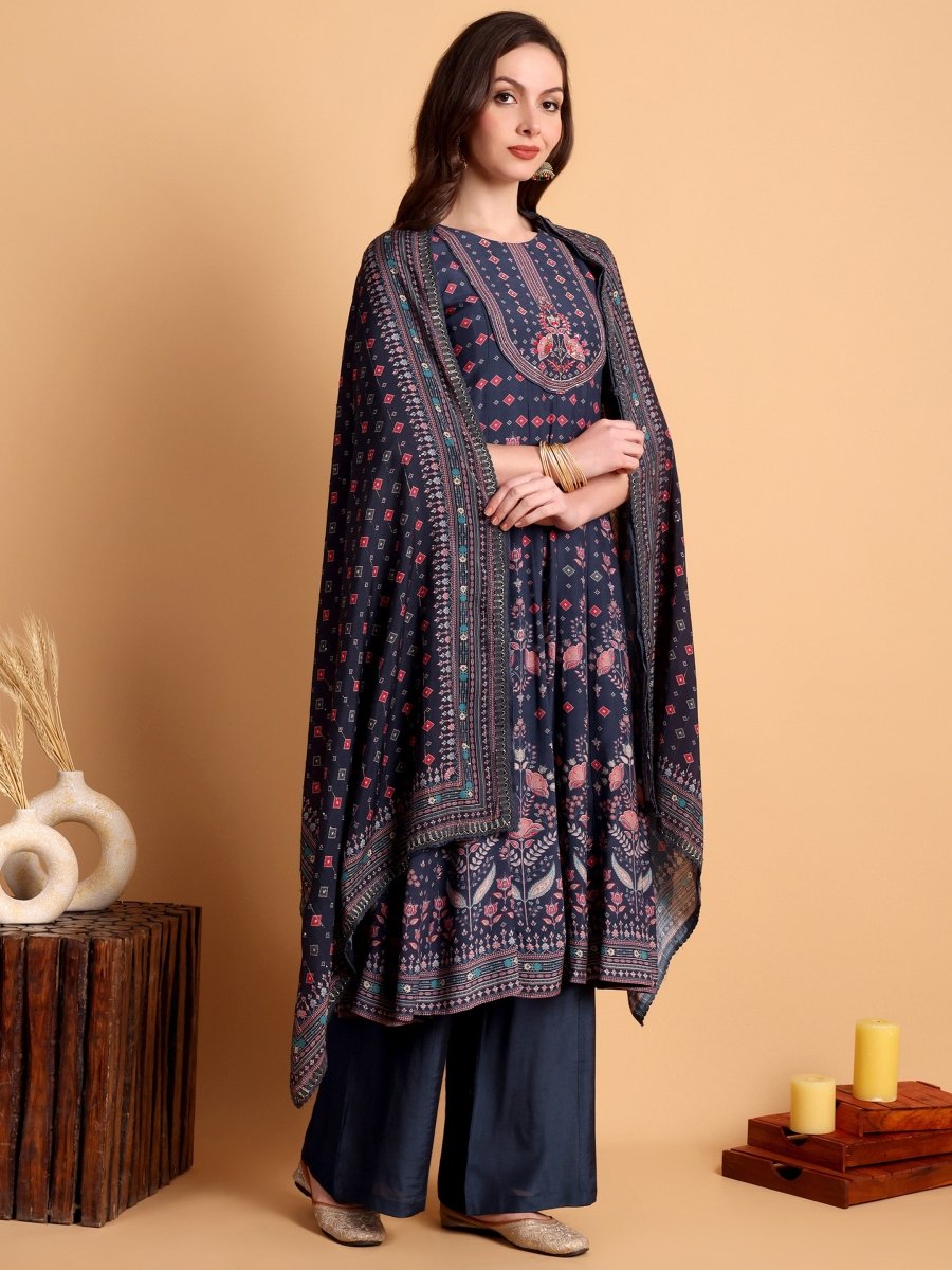 Elegant Navy Blue Anarkali Set with Floral Print & Embroidered Yoke - CLOHI