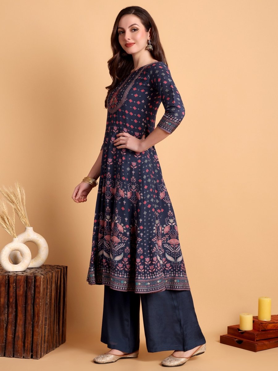Elegant Navy Blue Anarkali Set with Floral Print & Embroidered Yoke - CLOHI