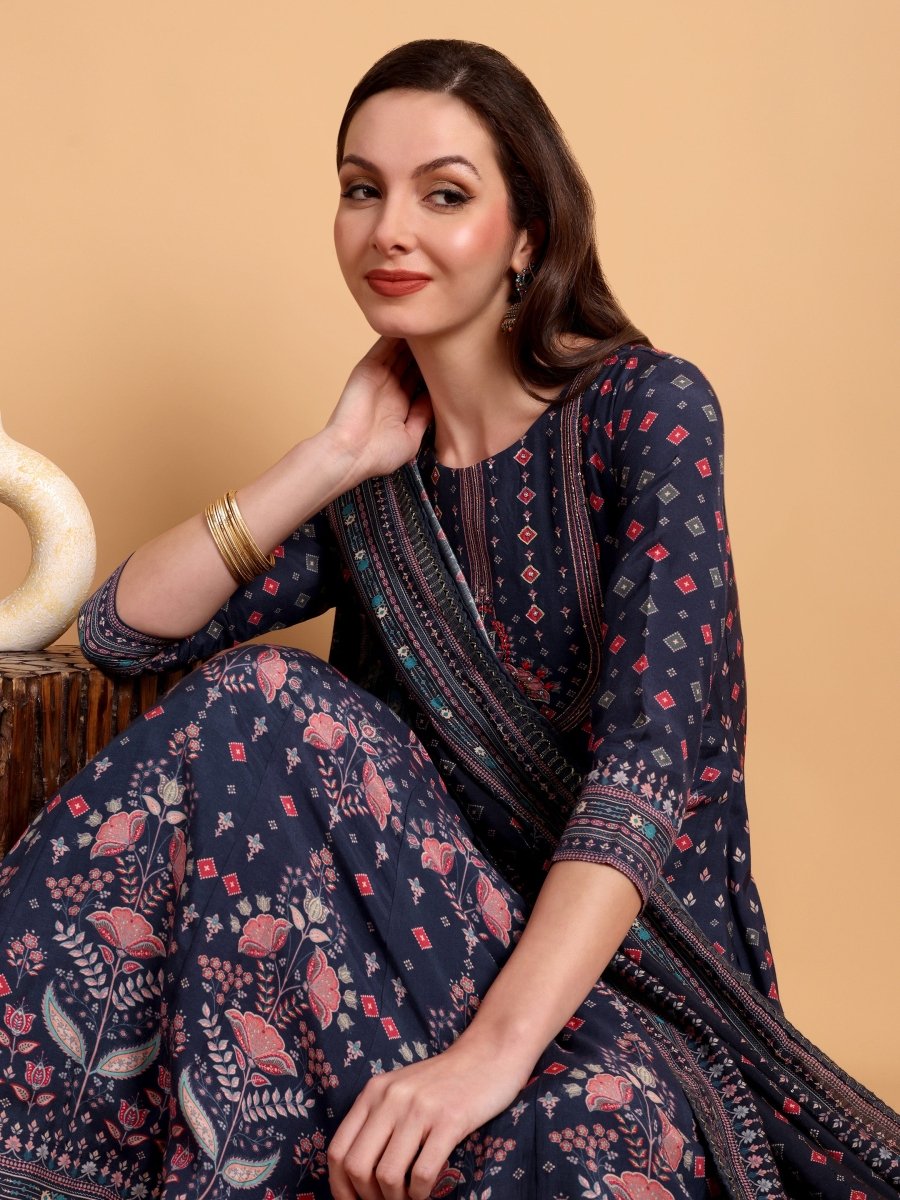 Elegant Navy Blue Anarkali Set with Floral Print & Embroidered Yoke - CLOHI