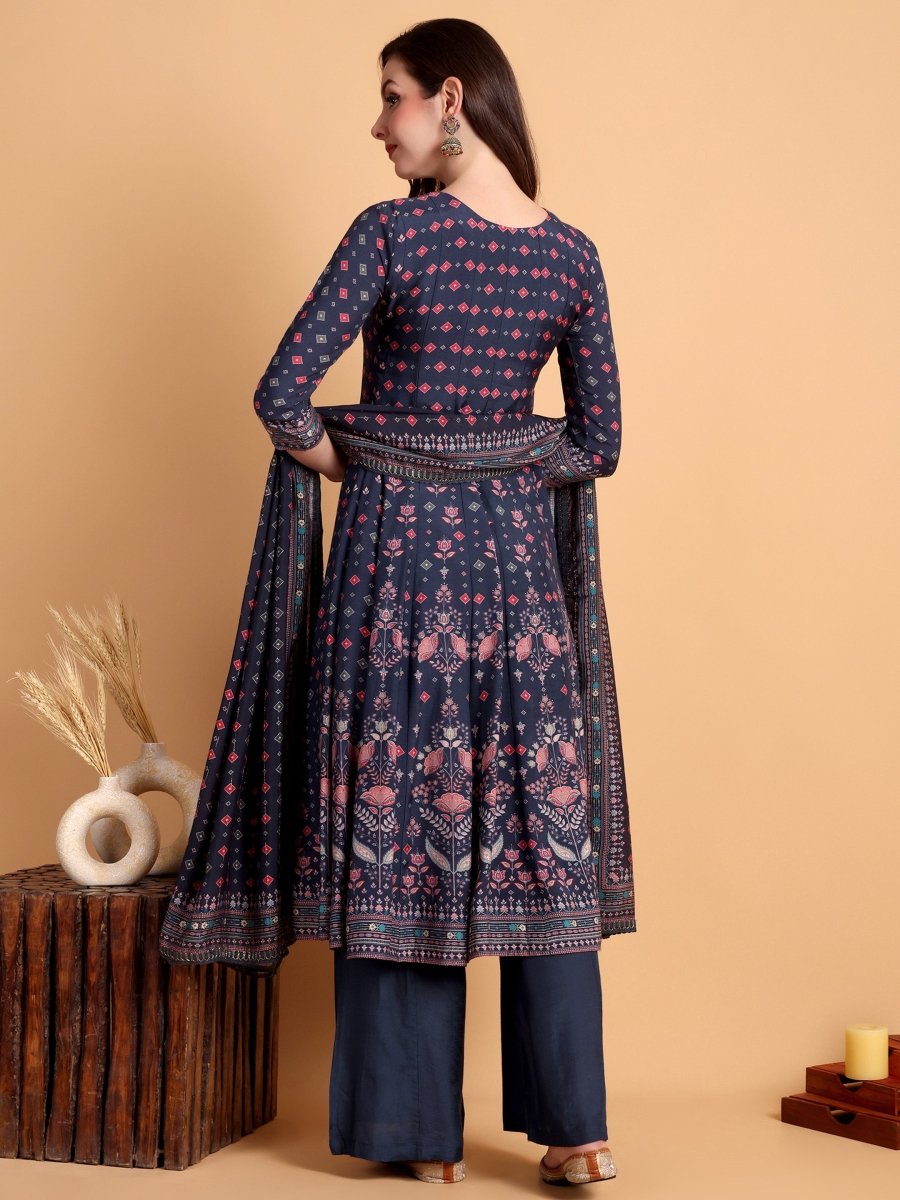 Elegant Navy Blue Anarkali Set with Floral Print & Embroidered Yoke - CLOHI