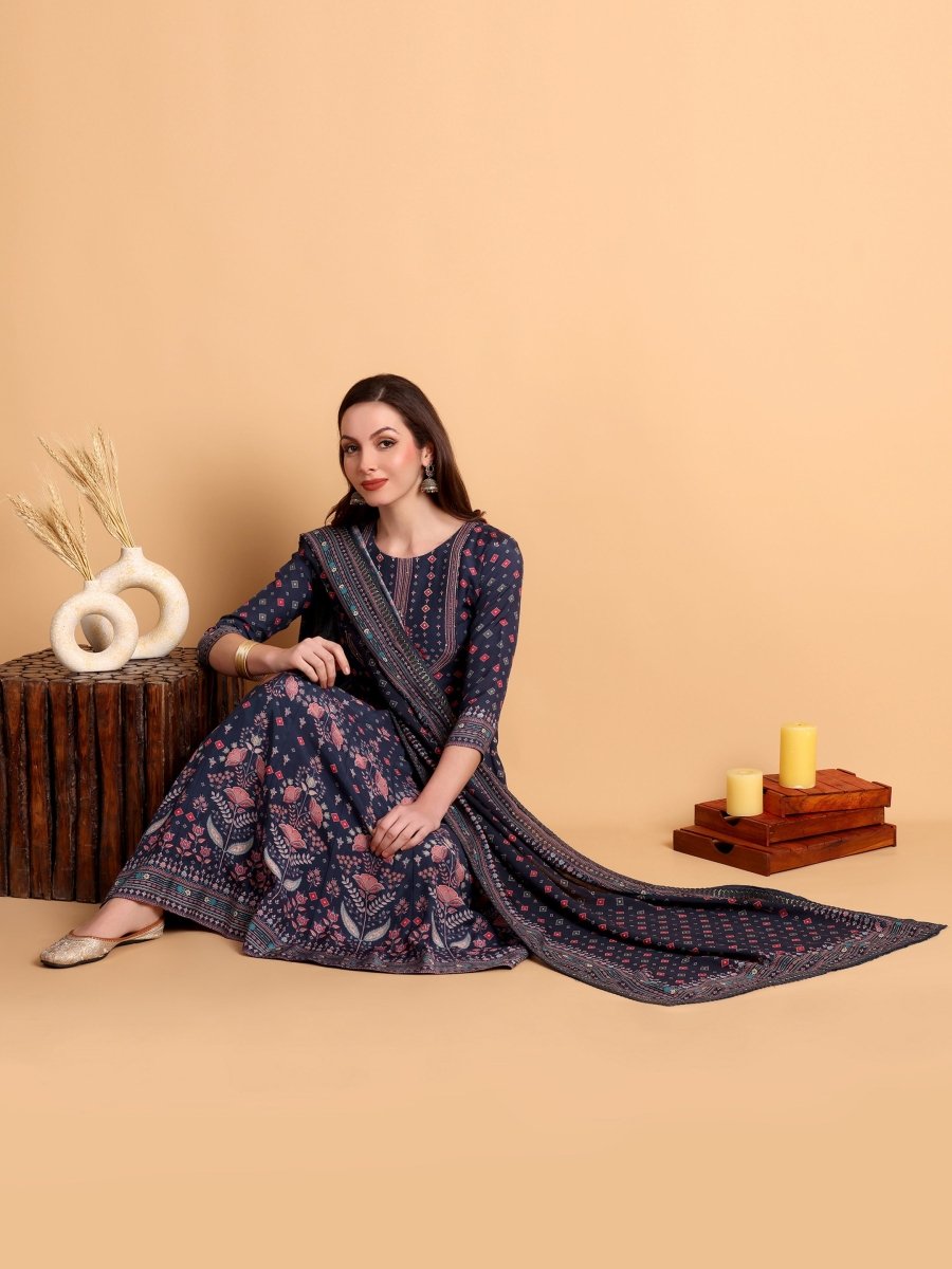 Elegant Navy Blue Anarkali Set with Floral Print & Embroidered Yoke - CLOHI