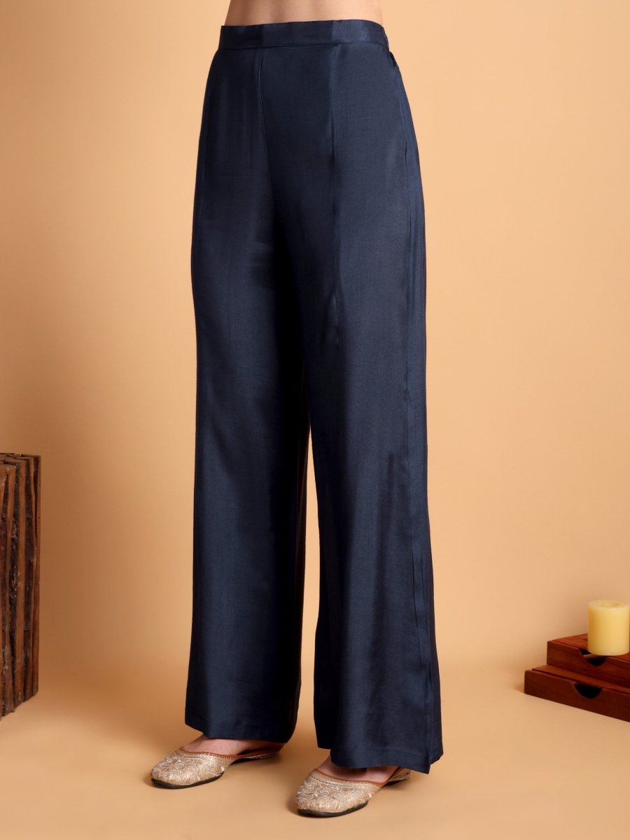 Elegant Navy Blue Anarkali Set with Floral Print & Embroidered Yoke - CLOHI