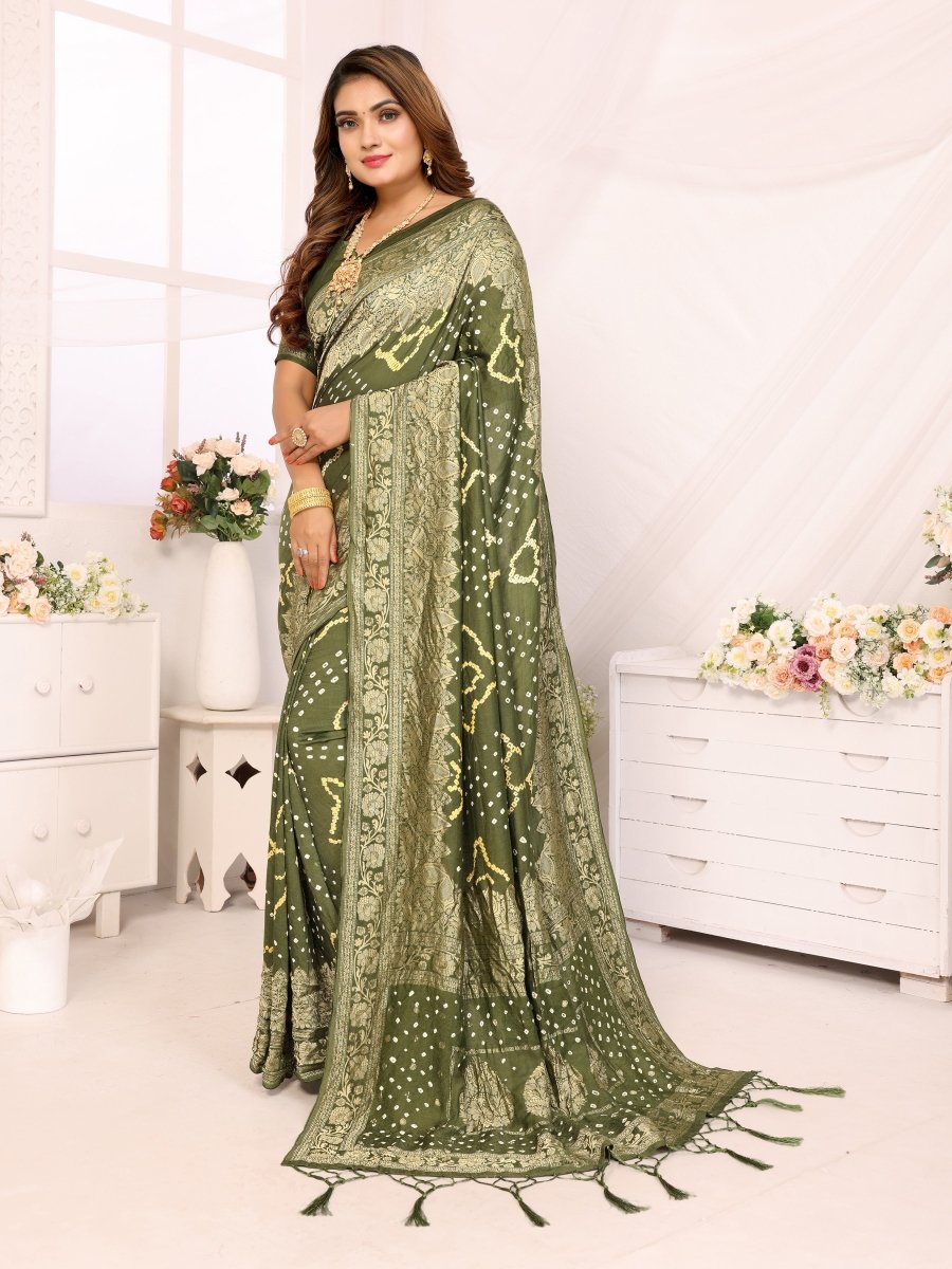 Elegant Olive Green Bandhani Saree with Zari Floral Buta and Paisley Jaal - CLOHI