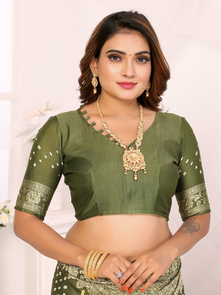 Elegant Olive Green Bandhani Saree with Zari Floral Buta and Paisley Jaal - CLOHI