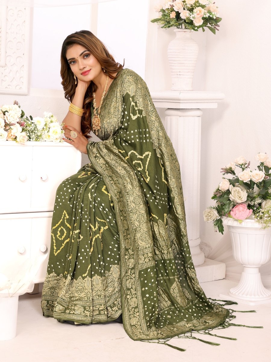 Elegant Olive Green Bandhani Saree with Zari Floral Buta and Paisley Jaal - CLOHI