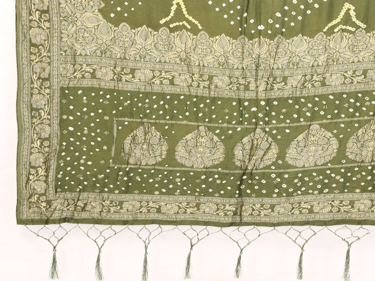 Elegant Olive Green Bandhani Saree with Zari Floral Buta and Paisley Jaal - CLOHI