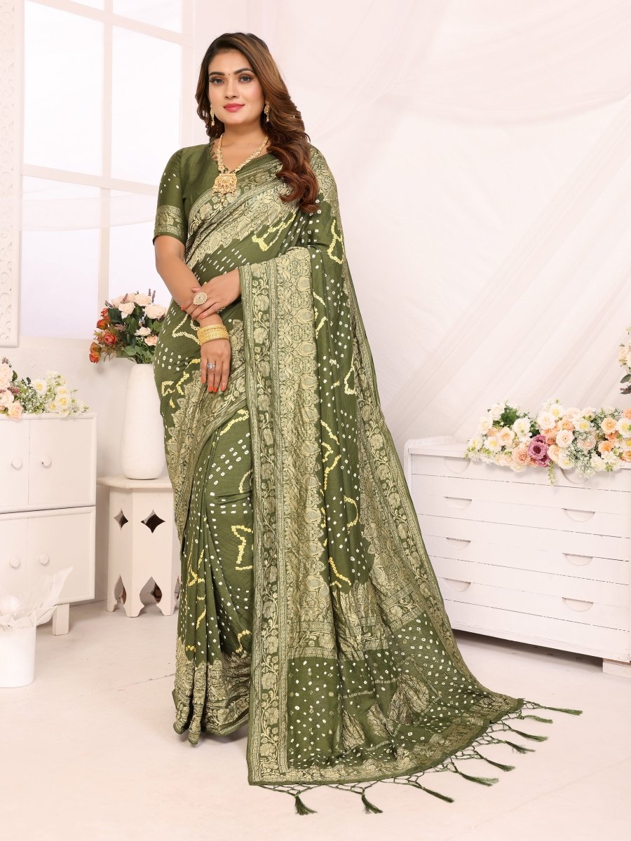 Elegant Olive Green Bandhani Saree with Zari Floral Buta and Paisley Jaal - CLOHI