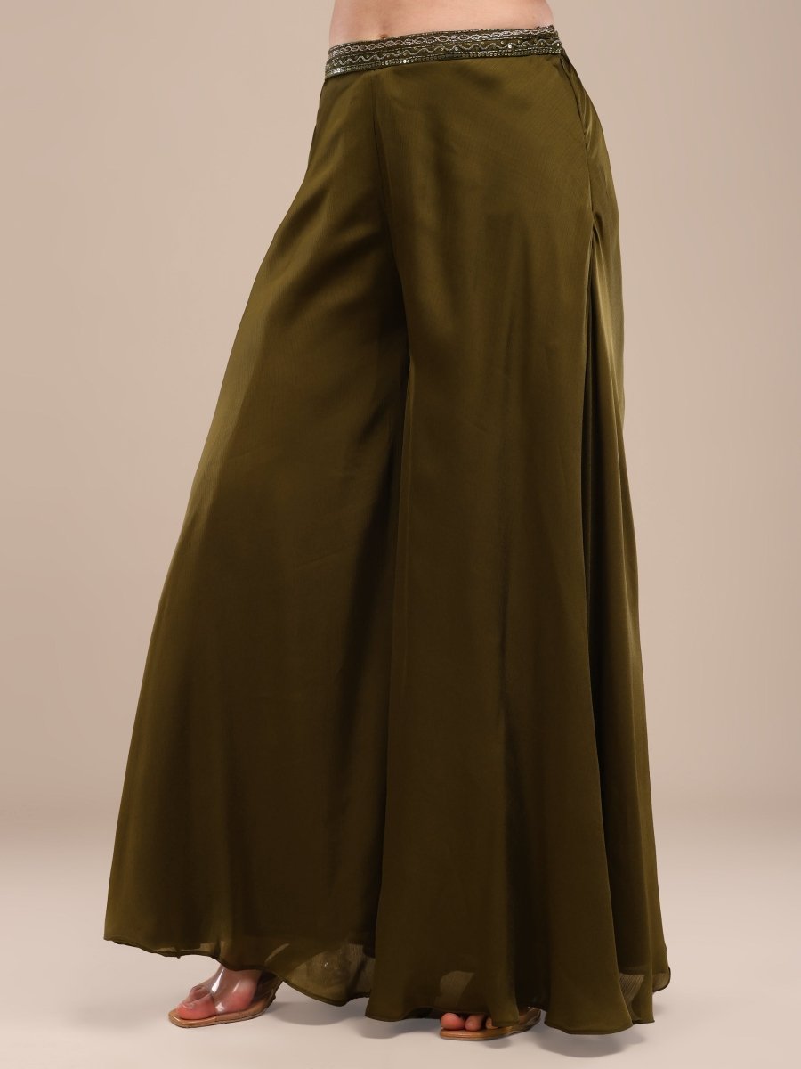 Elegant Olive Green Embroidered Palazzo Set with Organza Shrug - CLOHI
