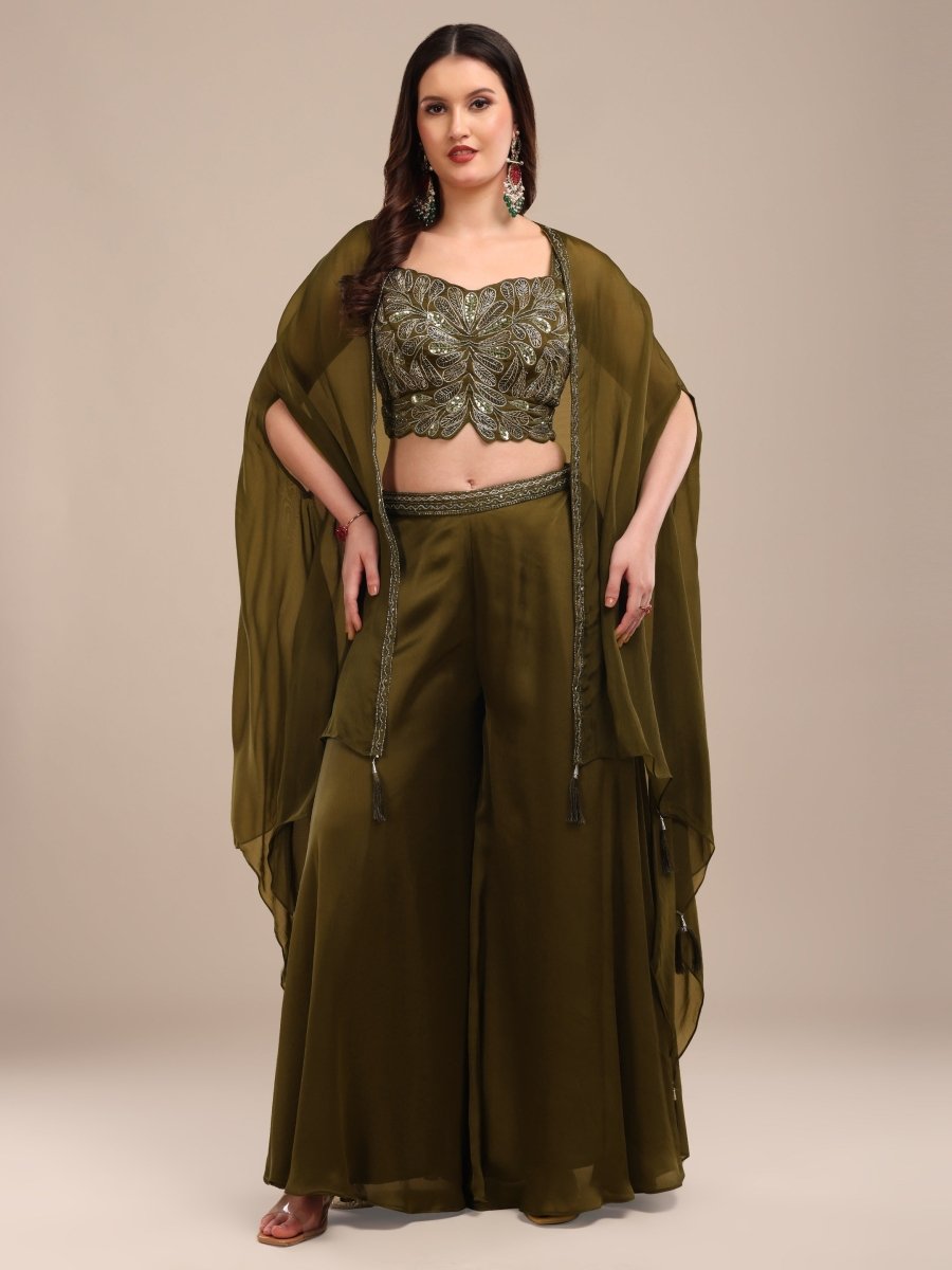 Elegant Olive Green Embroidered Palazzo Set with Organza Shrug - CLOHI