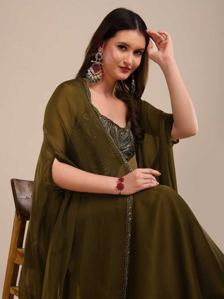 Elegant Olive Green Embroidered Palazzo Set with Organza Shrug - CLOHI