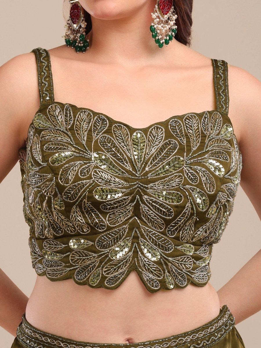 Elegant Olive Green Embroidered Palazzo Set with Organza Shrug - CLOHI