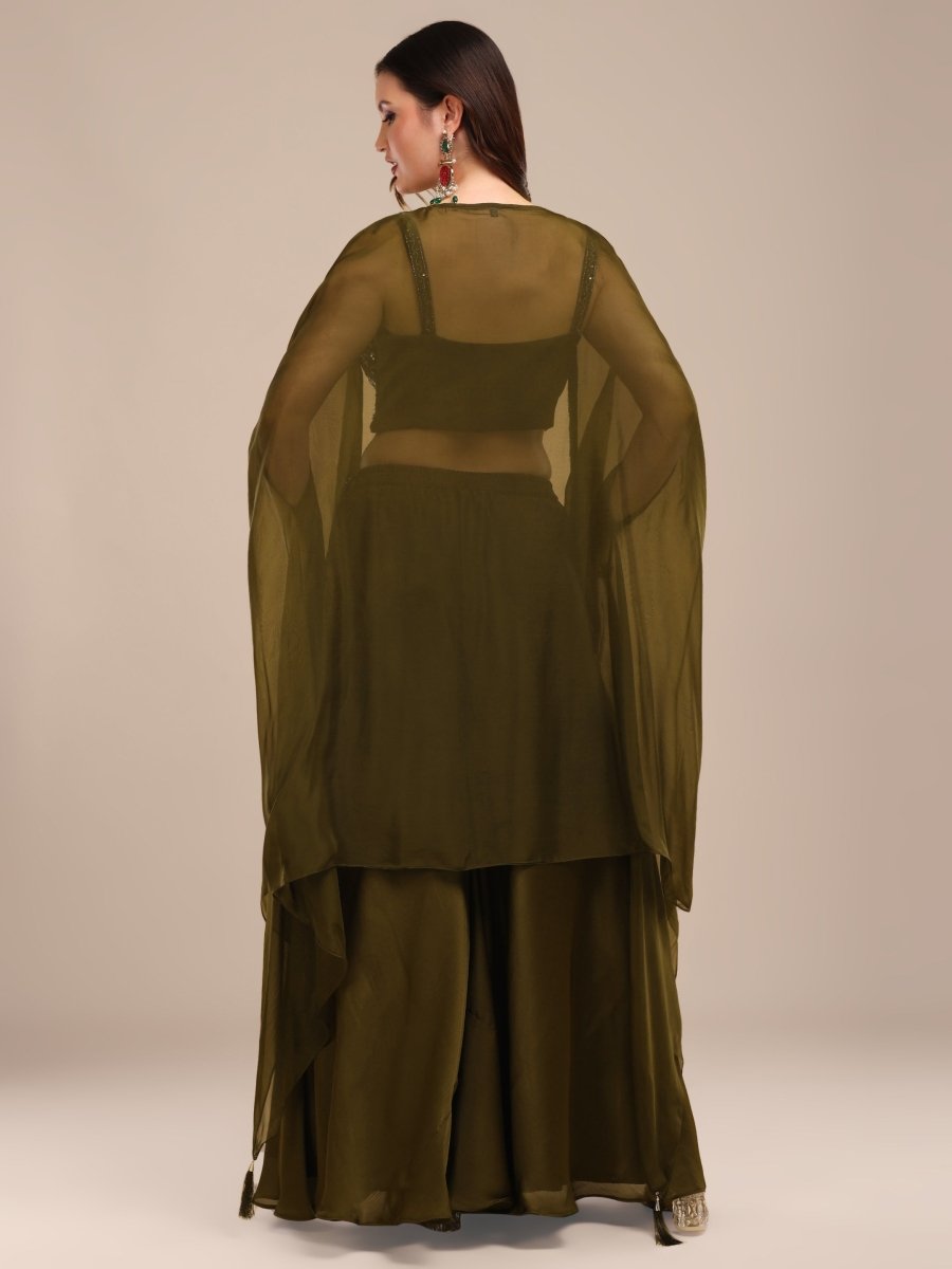 Elegant Olive Green Embroidered Palazzo Set with Organza Shrug - CLOHI
