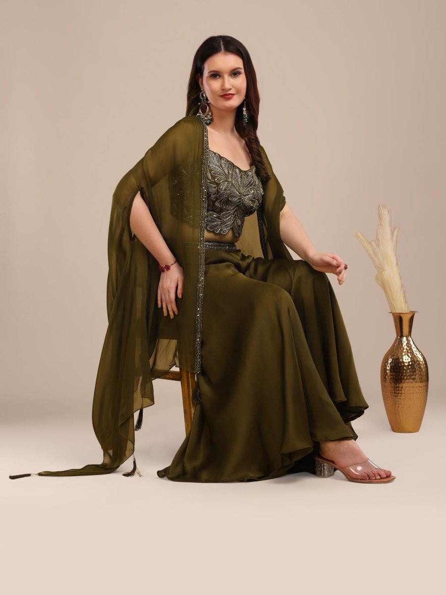 Elegant Olive Green Embroidered Palazzo Set with Organza Shrug - CLOHI