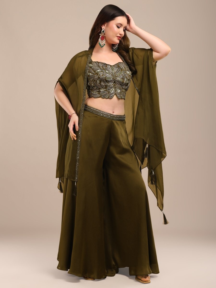 Elegant Olive Green Embroidered Palazzo Set with Organza Shrug - CLOHI