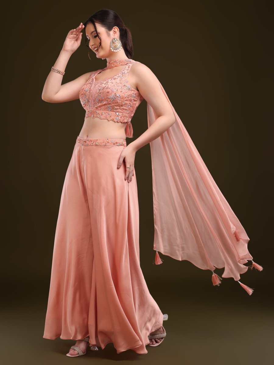 Elegant Peach Embroidered Palazzo Set with Dupatta - CLOHI