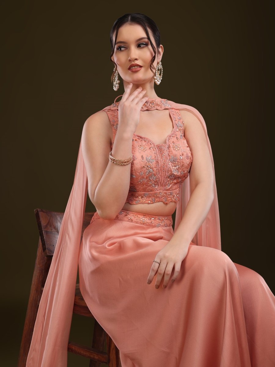Elegant Peach Embroidered Palazzo Set with Dupatta - CLOHI