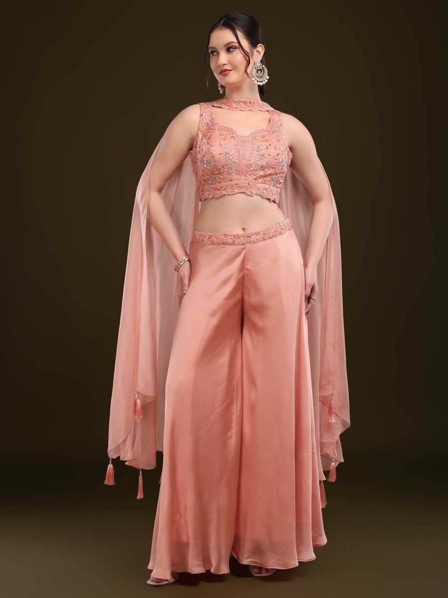 Elegant Peach Embroidered Palazzo Set with Dupatta - CLOHI
