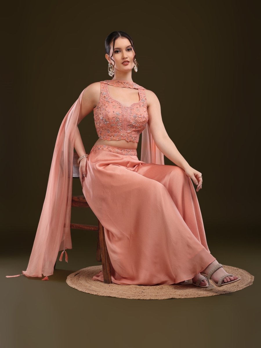 Elegant Peach Embroidered Palazzo Set with Dupatta - CLOHI