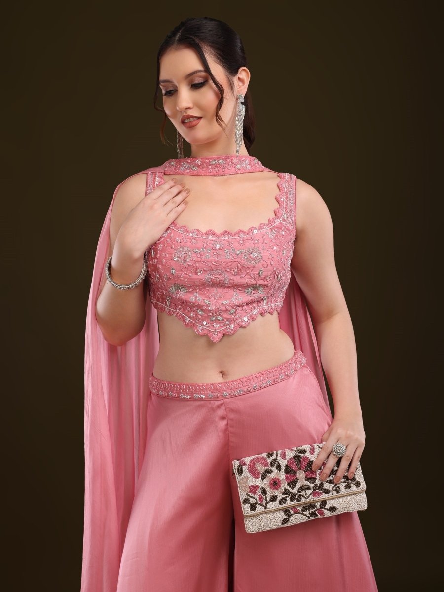 Elegant Pink Embroidered Palazzo Set with Dupatta - CLOHI