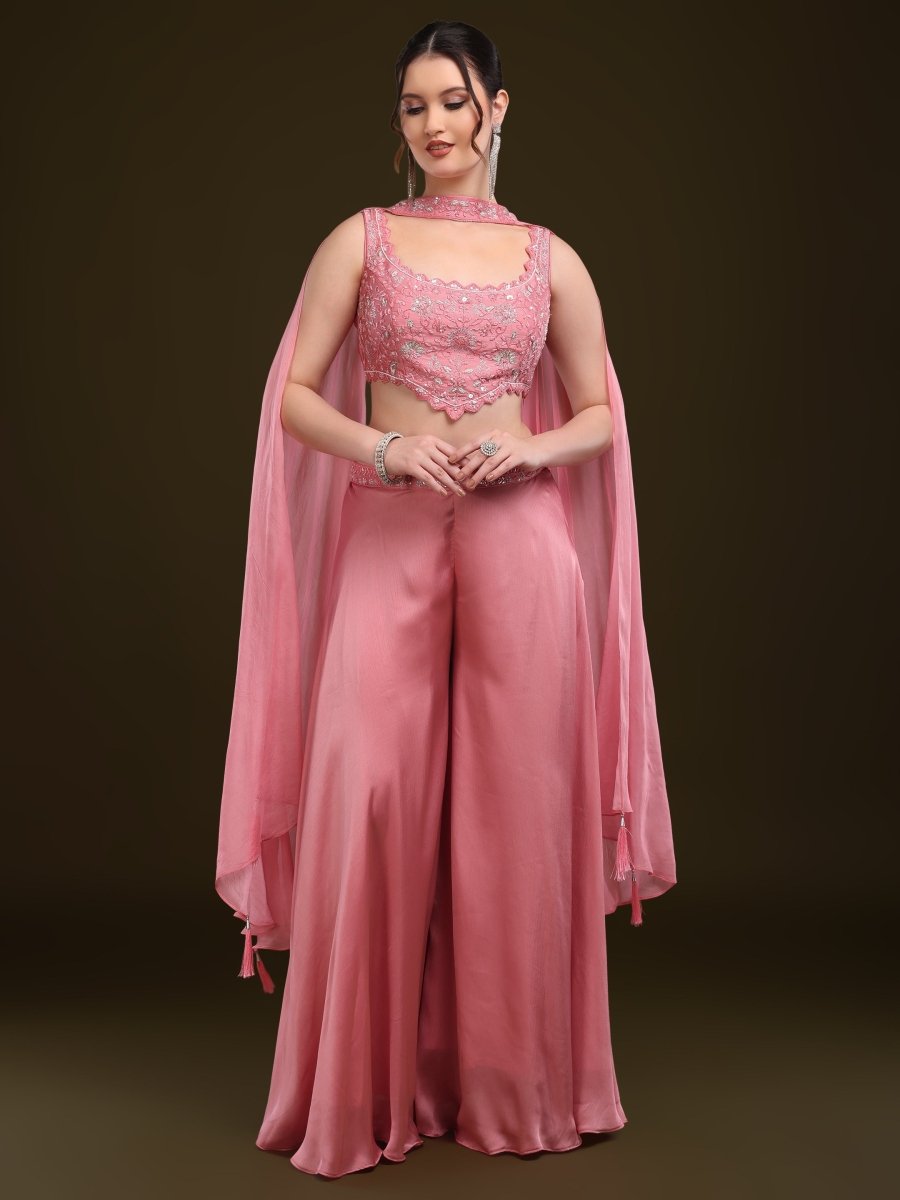 Elegant Pink Embroidered Palazzo Set with Dupatta - CLOHI