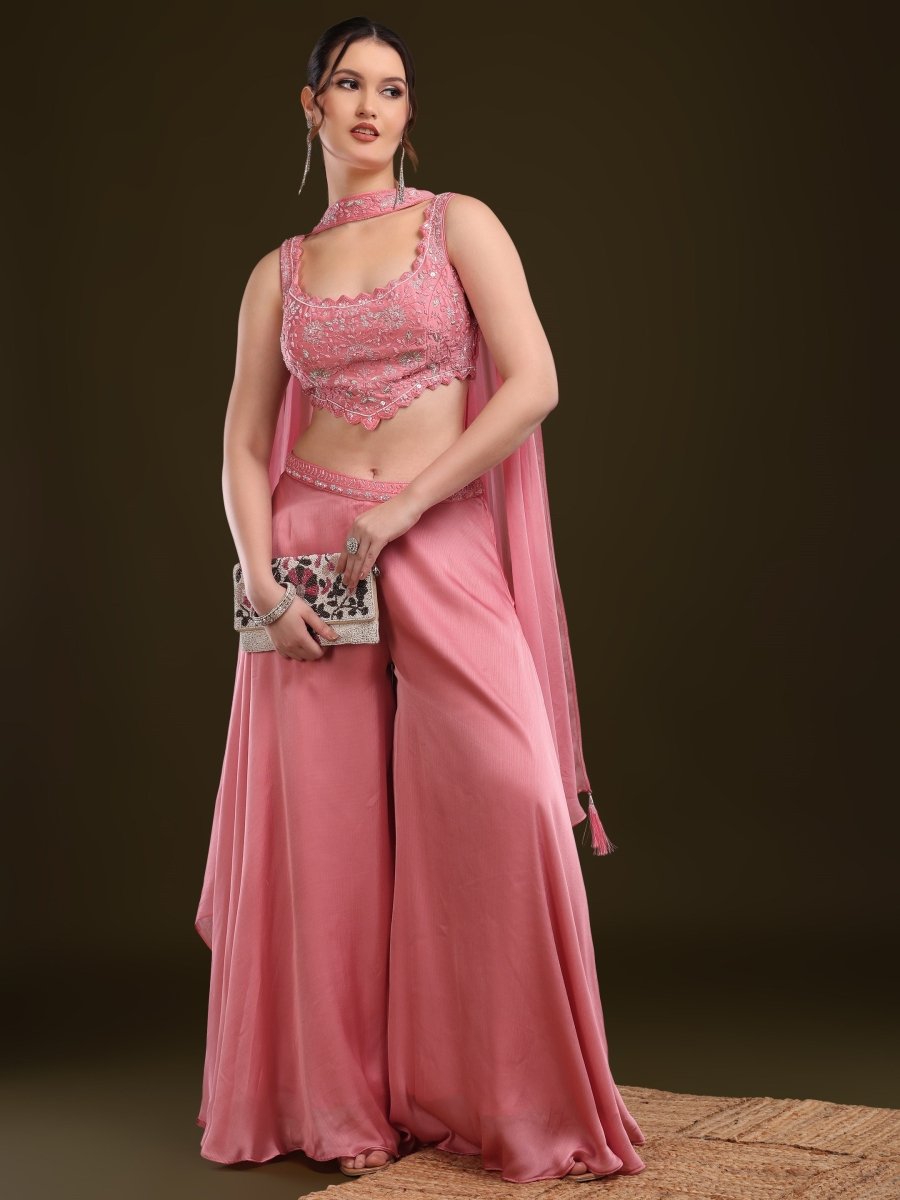 Elegant Pink Embroidered Palazzo Set with Dupatta - CLOHI