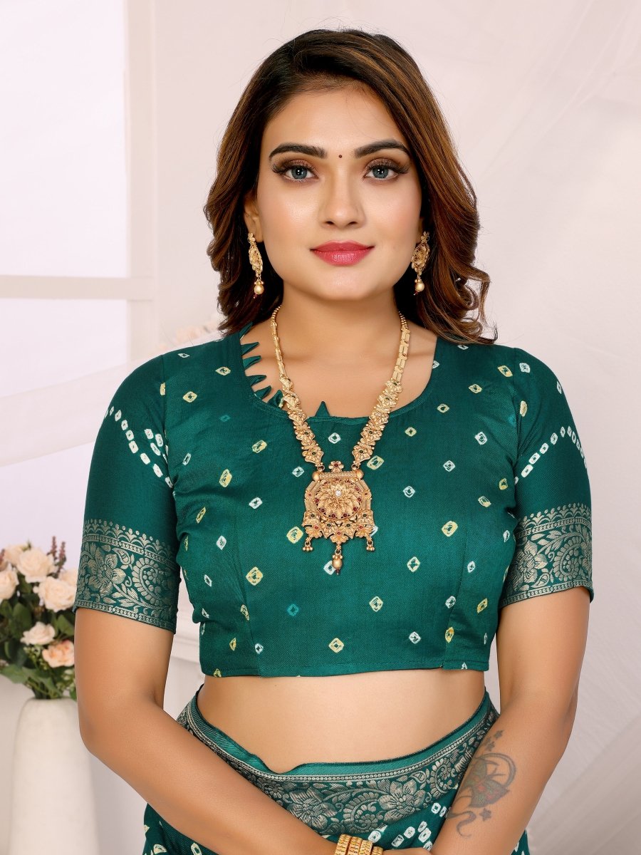 Elegant Rama Green Bandhani Saree with Zari Peacock Weaving - CLOHI